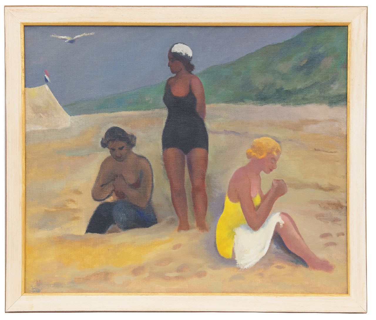 Kleima E.A.  | 'Ekke' Abel Kleima, 3 dames aan het strand, Schiermonnikoog, olieverf op doek 50,4 x 60,5 cm, gesigneerd met initialen op spieraam en gedateerd op spieraam 1939