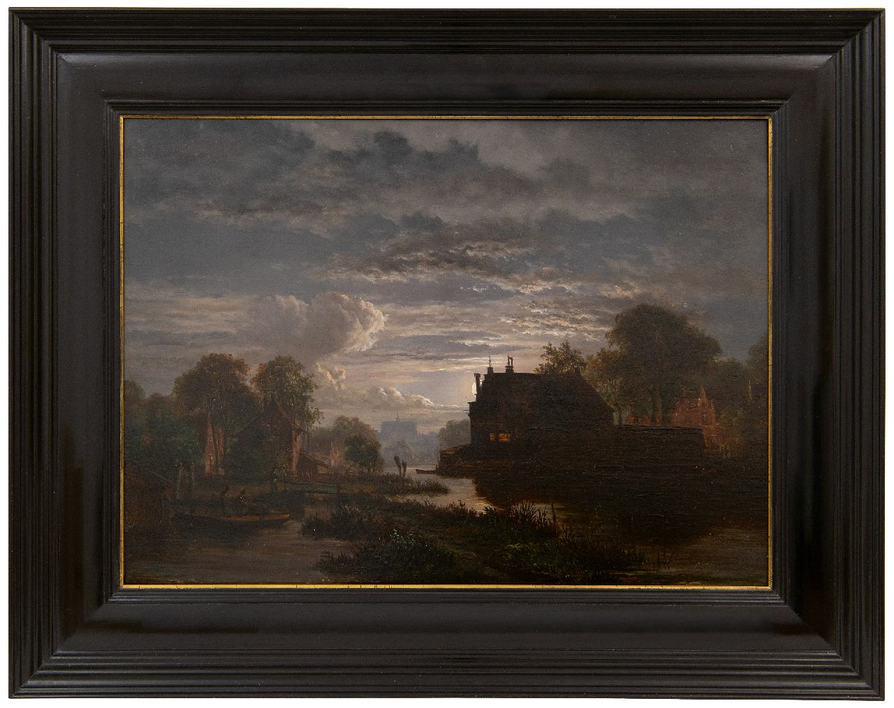 Abels J.Th.  | 'Jacobus' Theodorus Abels | Schilderijen te koop aangeboden | Maanverlicht rivierlandschap bij een stad, olieverf op paneel 28,8 x 39,1 cm