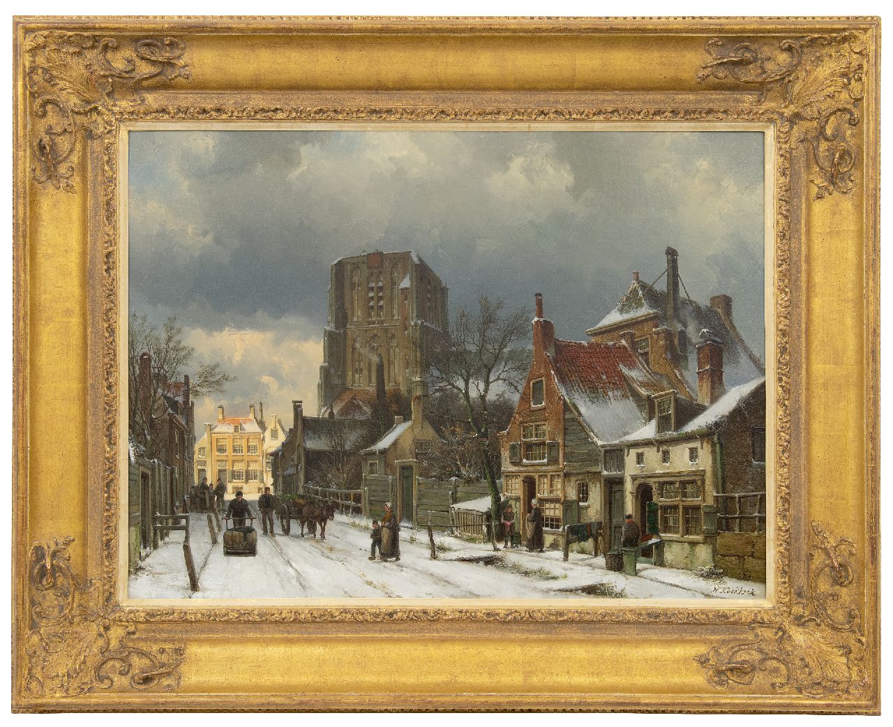 Koekkoek W. | Willem Koekkoek, Fantasiegezicht op de besneeuwde Sint-Martinuskerk in Woudrichem, olieverf op doek 55,2 x 75,3 cm, gesigneerd rechtsonder Koekkoek W. | Willem Koekkoek, Fantasiegezicht op de besneeuwde Sint-Martinuskerk in Woudrichem, olieverf op doek 55,2 x 75,3 cm, gesigneerd rechtsonder