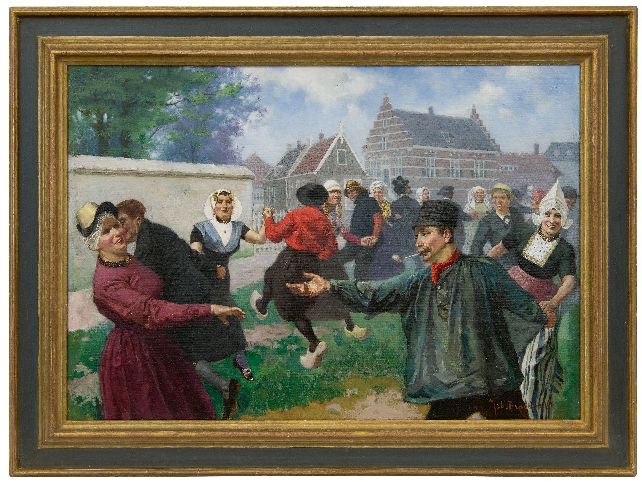 Braakensiek J.C.  | 'Johan' Coenraad Braakensiek | Schilderijen te koop aangeboden | De dans van klederdrachten, olieverf op doek 46,2 x 64,6 cm, gesigneerd rechtsonder