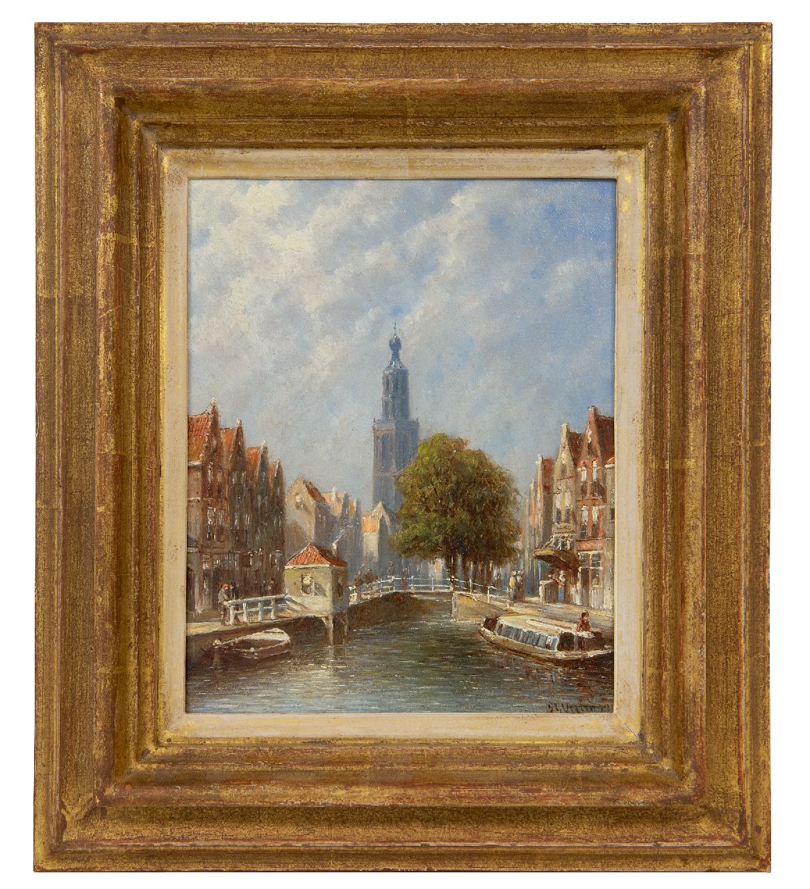 Vertin P.G.  | Petrus Gerardus Vertin | Schilderijen te koop aangeboden | Zomers stadsgezicht met de toren van de Goudse Sint-Janskerk, olieverf op paneel 20,2 x 16,0 cm, gesigneerd rechtsonder en gedateerd '93