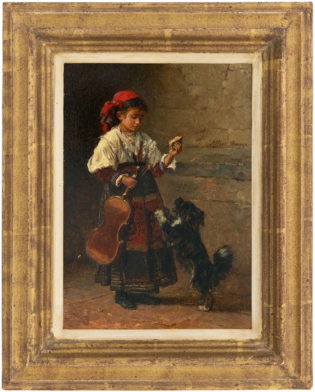 Ronner A.  | Alfred Ronner, Zigeunermeisje met haar hond, olieverf op paneel 24,7 x 17,7 cm, gesigneerd rechts van het midden