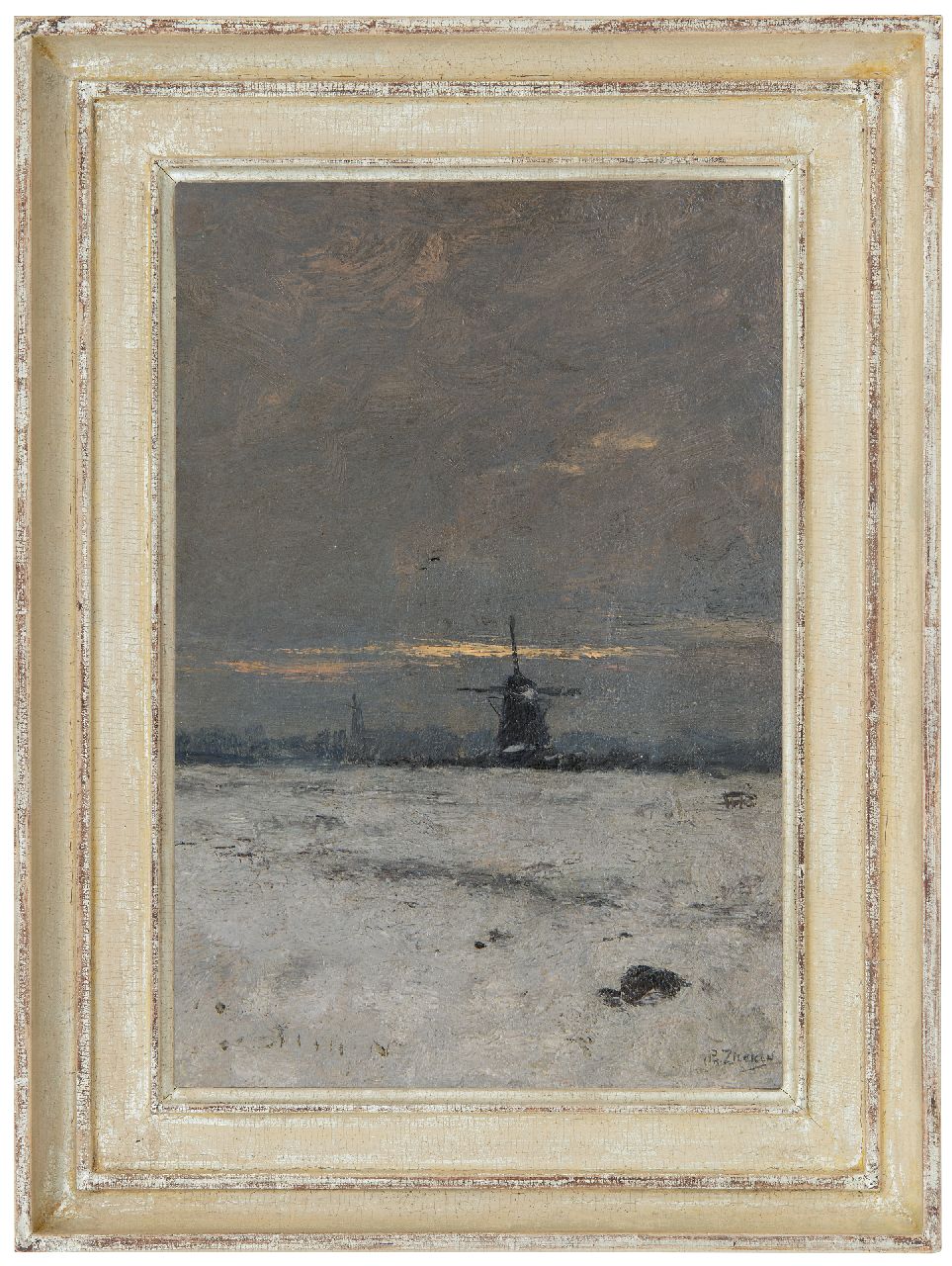 Zilcken C.L.P.  | Charles Louis Philippe 'Philip' Zilcken, Molen in de sneeuw bij avondschemering, olieverf op paneel 29,7 x 20,3 cm, gesigneerd rechtsonder en te dateren ca. 1903