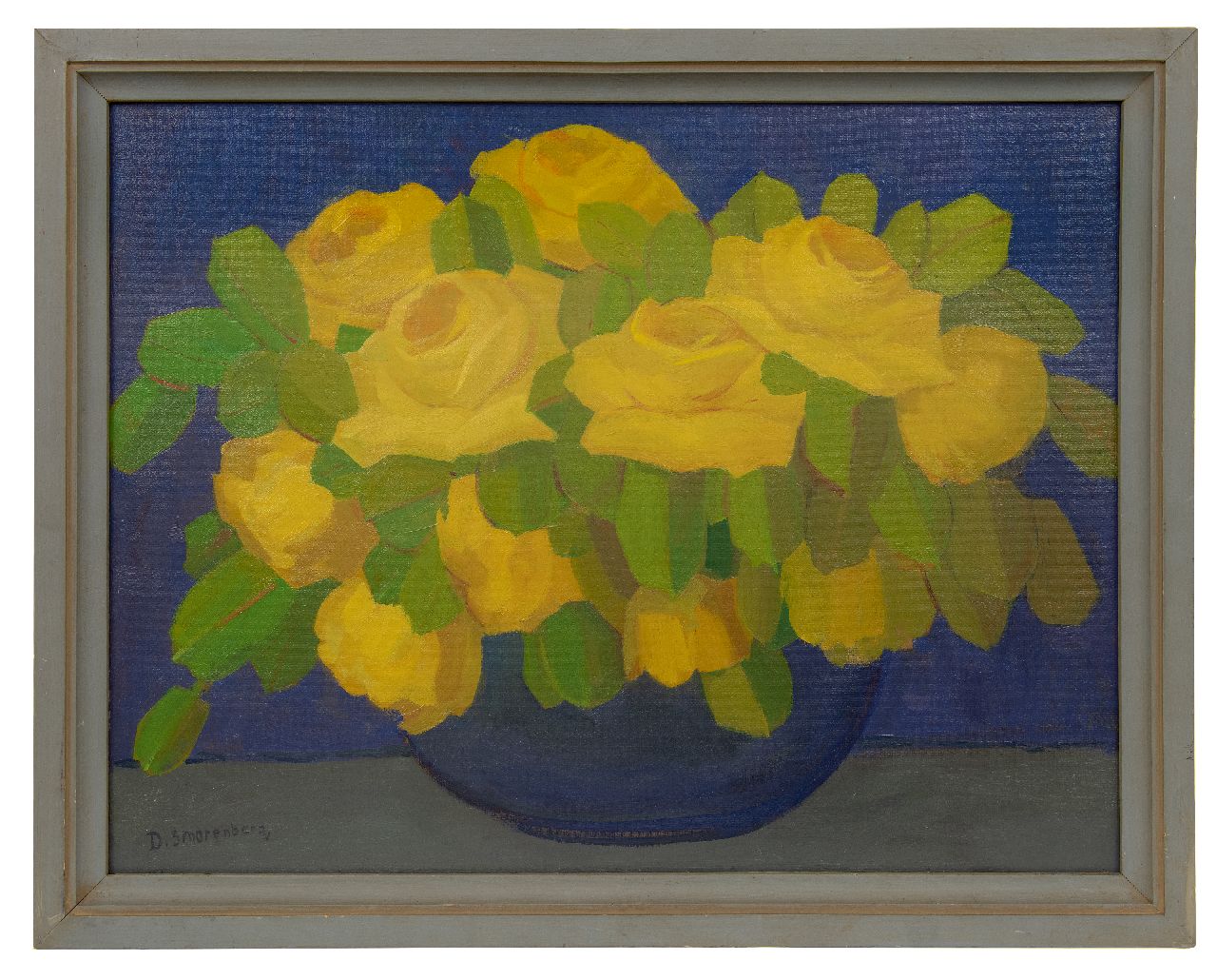 Smorenberg D.  | Dirk Smorenberg, Gele rozen in blauwe vaas, olieverf op board 55,0 x 72,7 cm, gesigneerd linksonder