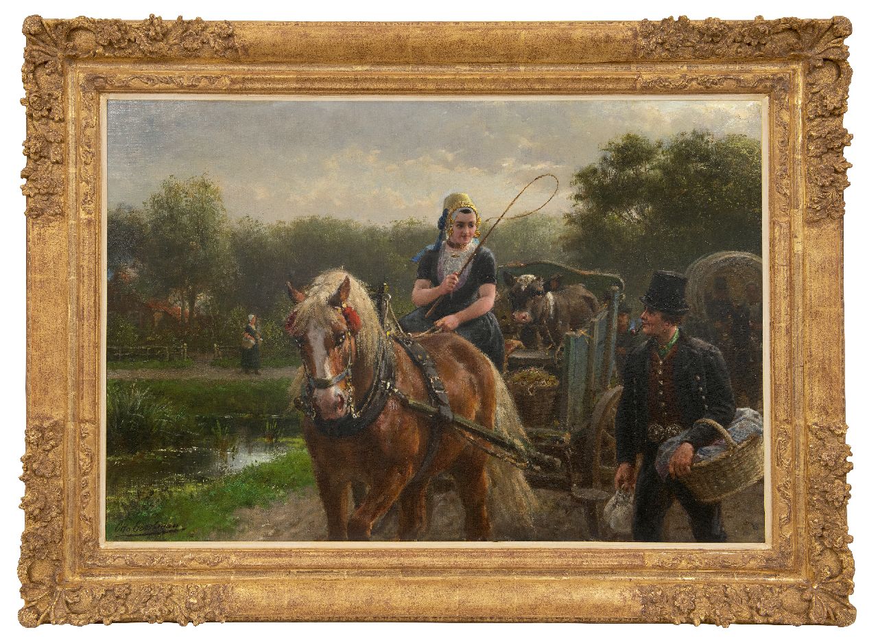 Eerelman O.  | Otto Eerelman, Ontmoeting op weg naar de markt op Walcheren, olieverf op doek 60,5 x 89,9 cm, gesigneerd linksonder