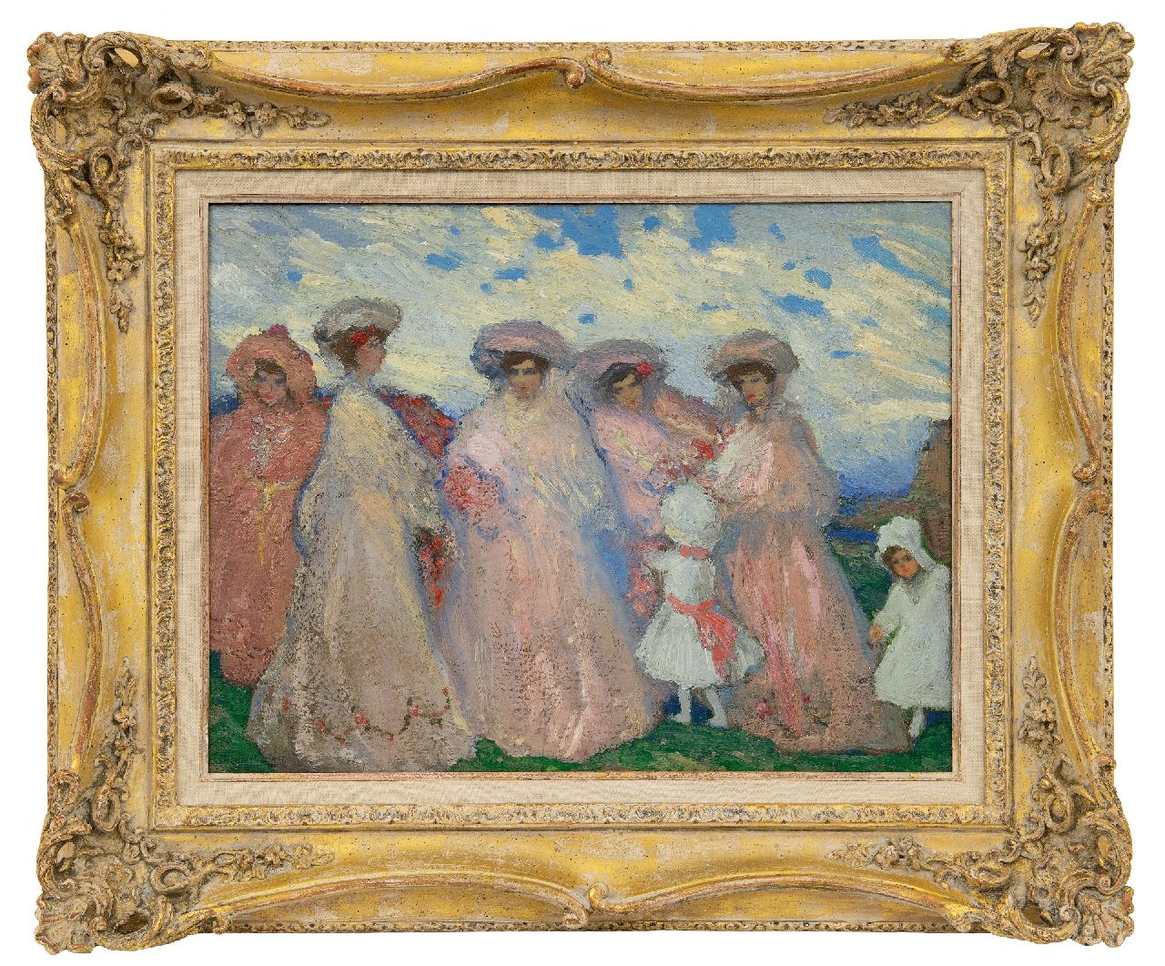 Ramos Martinez A.  | Alfredo Ramos Martinez | Schilderijen te koop aangeboden | Elegante vrouwen in een landschap, olieverf op paneel 41,5 x 52,5 cm, gesigneerd linksonder en te dateren ca. 1905