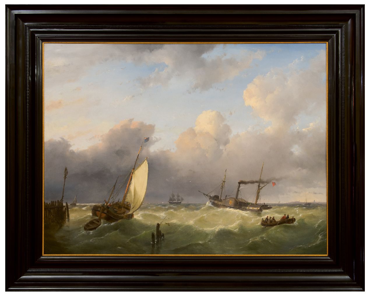 Schelfhout A.  | Andreas Schelfhout | Schilderijen te koop aangeboden | Een smak en een raderstoomboot op zee, olieverf op paneel 67,6 x 90,6 cm, gesigneerd linksonder en gedateerd 1845