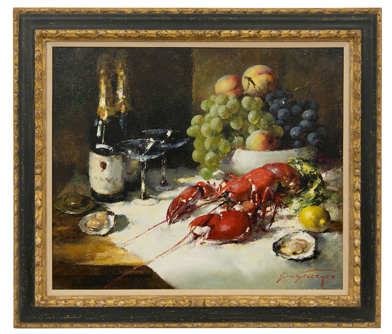Gelderen S. van | Simon van Gelderen, Stilleven met champagne, schaaldieren en fruit, olieverf op doek 50,3 x 60,2 cm, gesigneerd rechtsonder