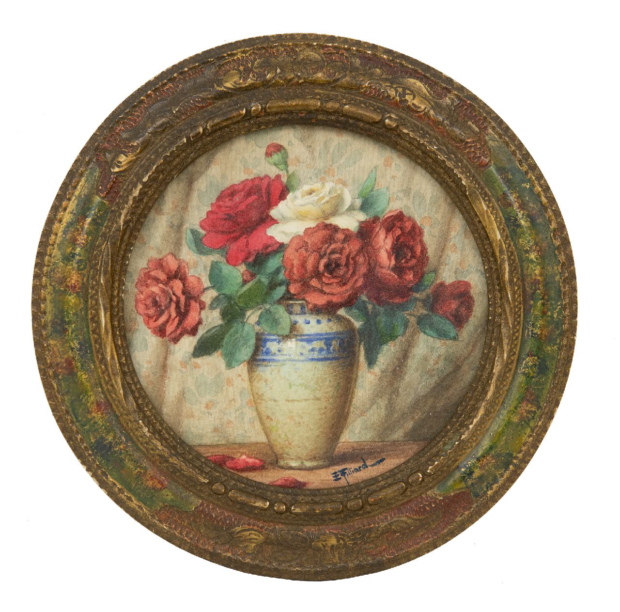Filliard E.  | Ernest Filliard, Stilleven met rozen, aquarel op papier 14,2 x 14,2 cm, gesigneerd rechtsonder