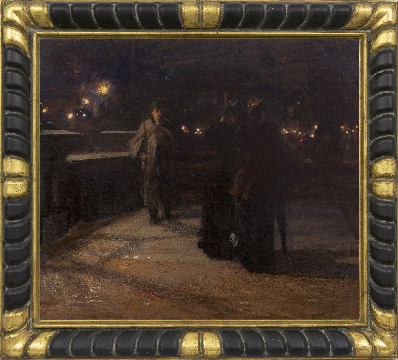 Arntzenius P.F.N.J.  | Pieter Florentius Nicolaas Jacobus 'Floris' Arntzenius, De schilder ontmoet twee dames in de nacht, olieverf op doek 70,2 x 79,7 cm