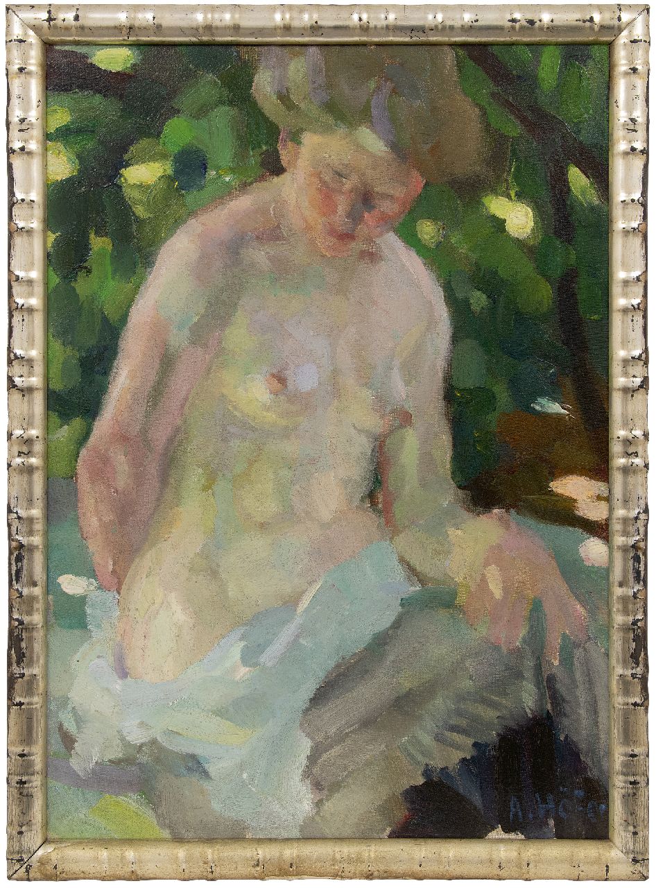 Höfer A.  | Adolf Höfer, Zittend naakt, olieverf op doek 65,7 x 47,2 cm, gesigneerd rechtsonder