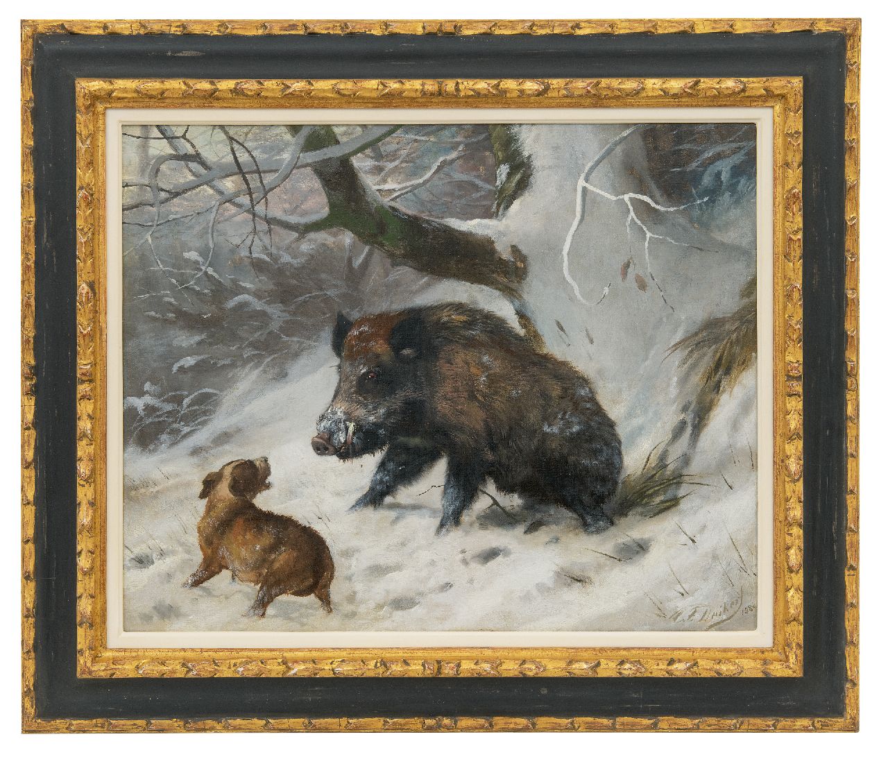 Deiker C.F.  | Carl Friedrich Deiker, Jachthond met wild zwijn, olieverf op doek 40,2 x 49,8 cm, gesigneerd rechtsonder en gedateerd 1888