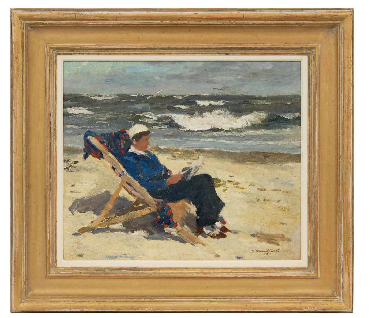 Hambüchen G.  | Georg Hambüchen | Schilderijen te koop aangeboden | Lezende vrouw in een strandstoel, olieverf op board 38,4 x 46,0 cm, gesigneerd rechtsonder en gedateerd '36