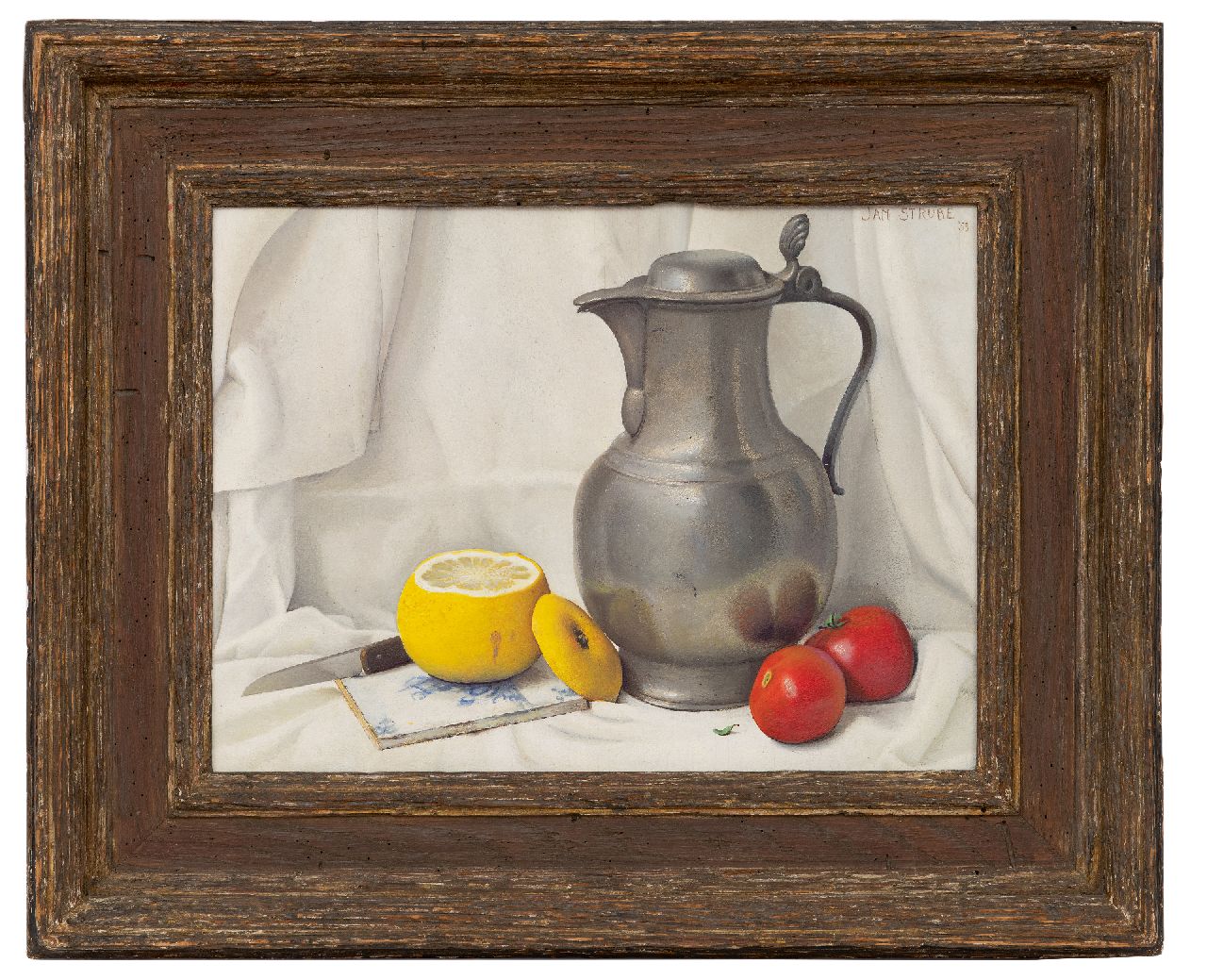 Strube J.H.  | Johan Hendrik 'Jan' Strube | Schilderijen te koop aangeboden | Stilleven met tinnen kan, citroen en tomaten, olieverf op paneel 31,1 x 40,8 cm, gesigneerd rechtsboven en gedateerd '53