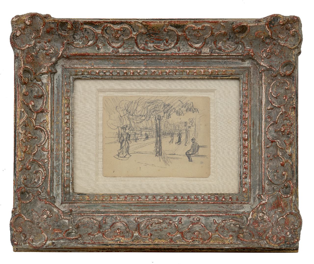 Bonnard P.E.F.  | 'Pierre' Eugène Frédéric Bonnard | Aquarellen en tekeningen te koop aangeboden | Boulevard animé, zwart krijt op papier 10,9 x 14,0 cm, gesigneerd rechtsonder met monogram