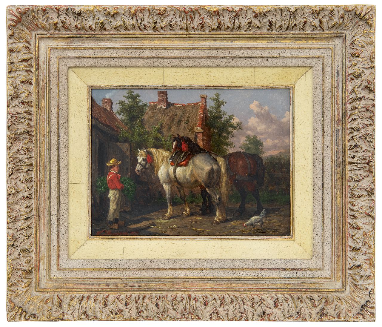Boogaard W.J.  | Willem Johan Boogaard | Schilderijen te koop aangeboden | Paarden en knecht bij de stal, olieverf op paneel 20,0 x 27,2 cm, gesigneerd linksonder en gedateerd 1877
