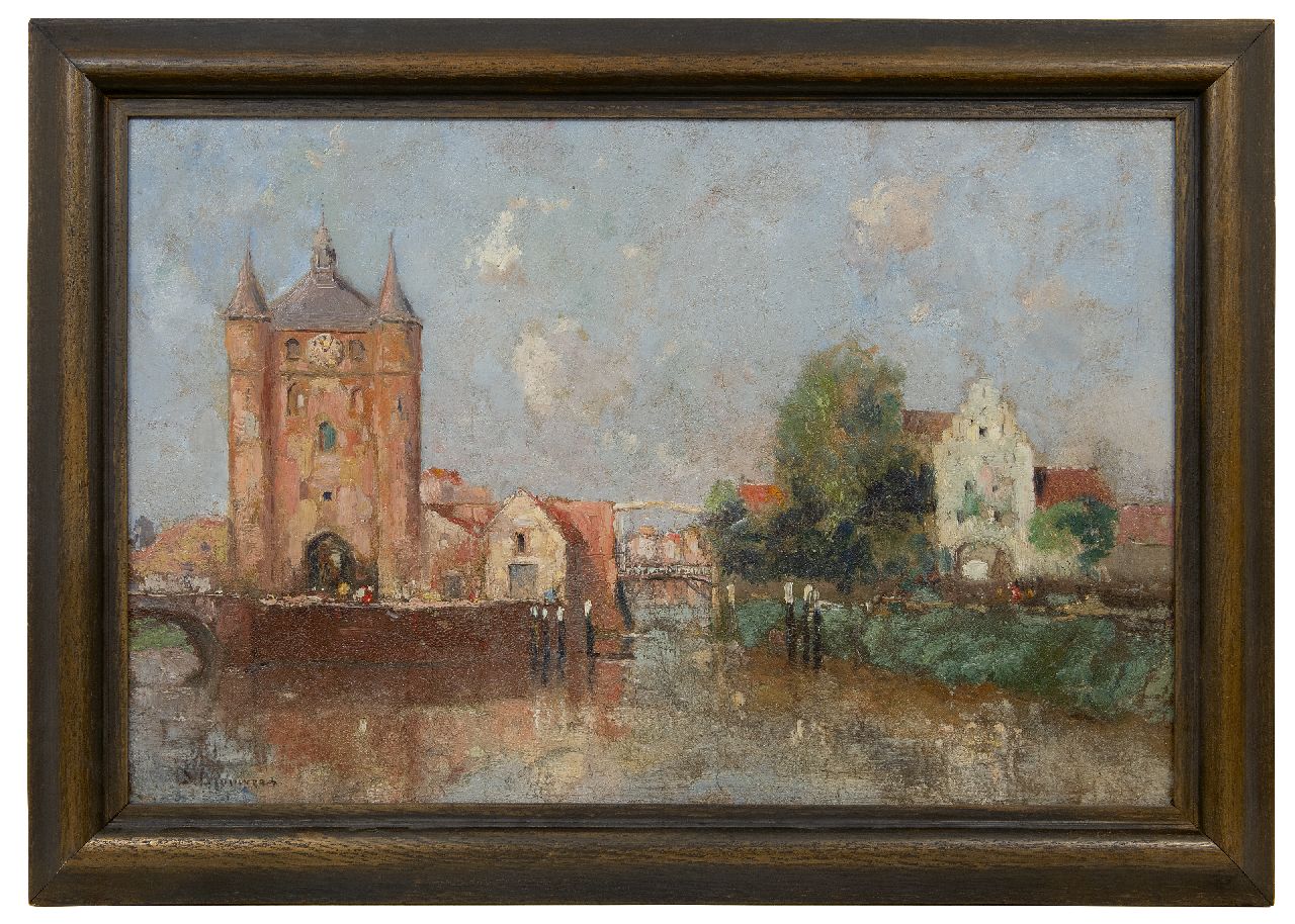 Brouwers   | J. Brouwers | Schilderijen te koop aangeboden | Zonovergoten stad aan het water, olieverf op paneel 49,0 x 73,0 cm, gesigneerd linksonder