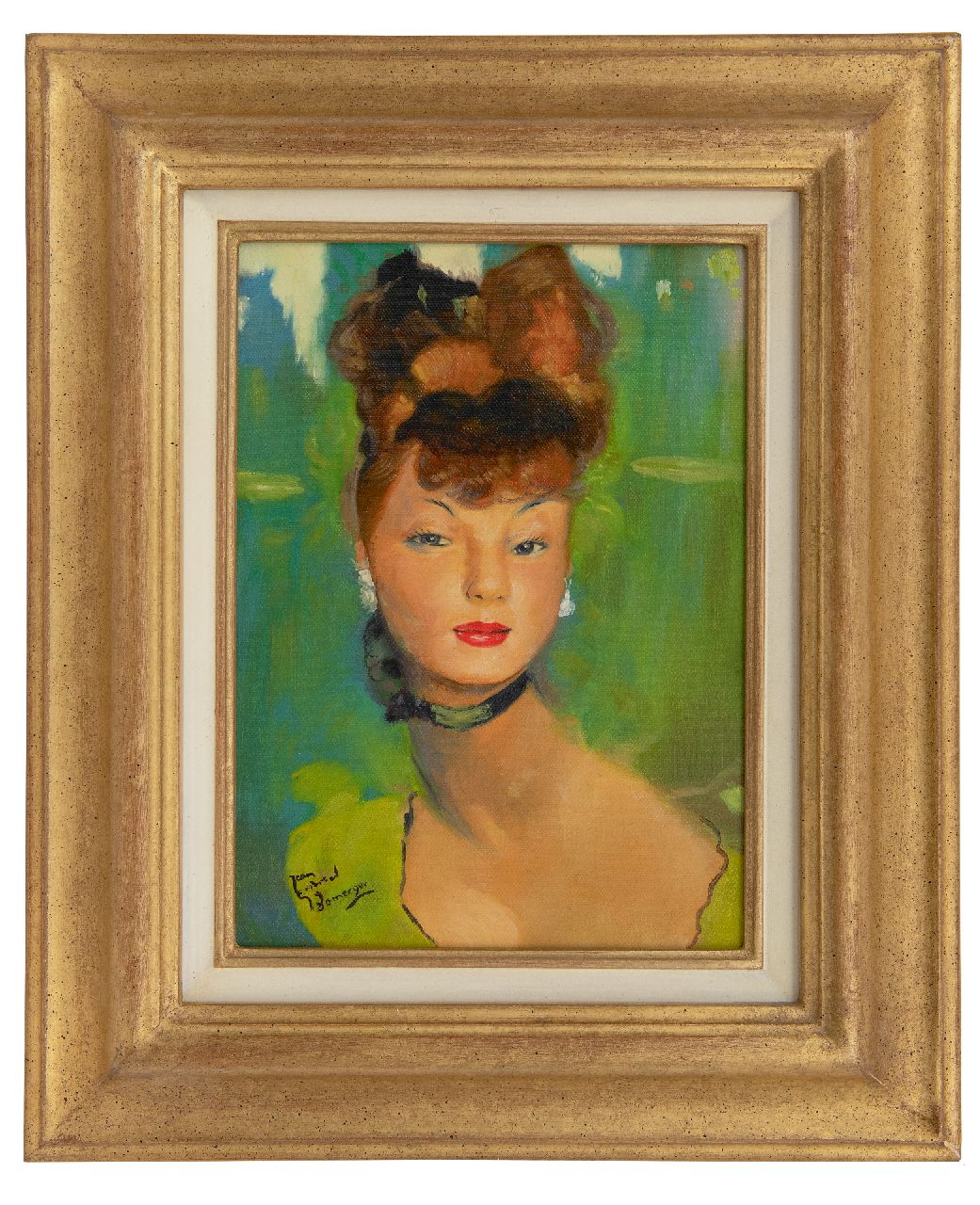 Domergue J.G.  | Jean-Gabriel Domergue | Schilderijen te koop aangeboden | Jonge vrouw gekleed in groen, olieverf op doek 33,5 x 24,0 cm, gesigneerd linksonder