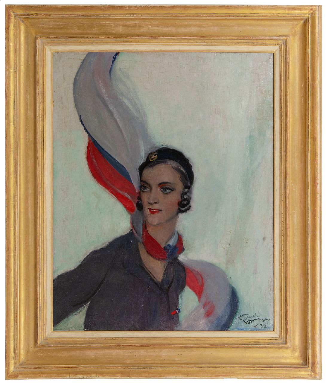 Domergue J.G. | Jean-Gabriel Domergue | Schilderijen te koop aangeboden | Jonge vrouw met gekleurde sjaal, olieverf op doek 82,5 x 65,0 cm, gesigneerd rechtsonder en gedateerd '32 Domergue J.G. | Jean-Gabriel Domergue | Schilderijen te koop aangeboden | Jonge vrouw met gekleurde sjaal, olieverf op doek 82,5 x 65,0 cm, gesigneerd rechtsonder en gedateerd '32