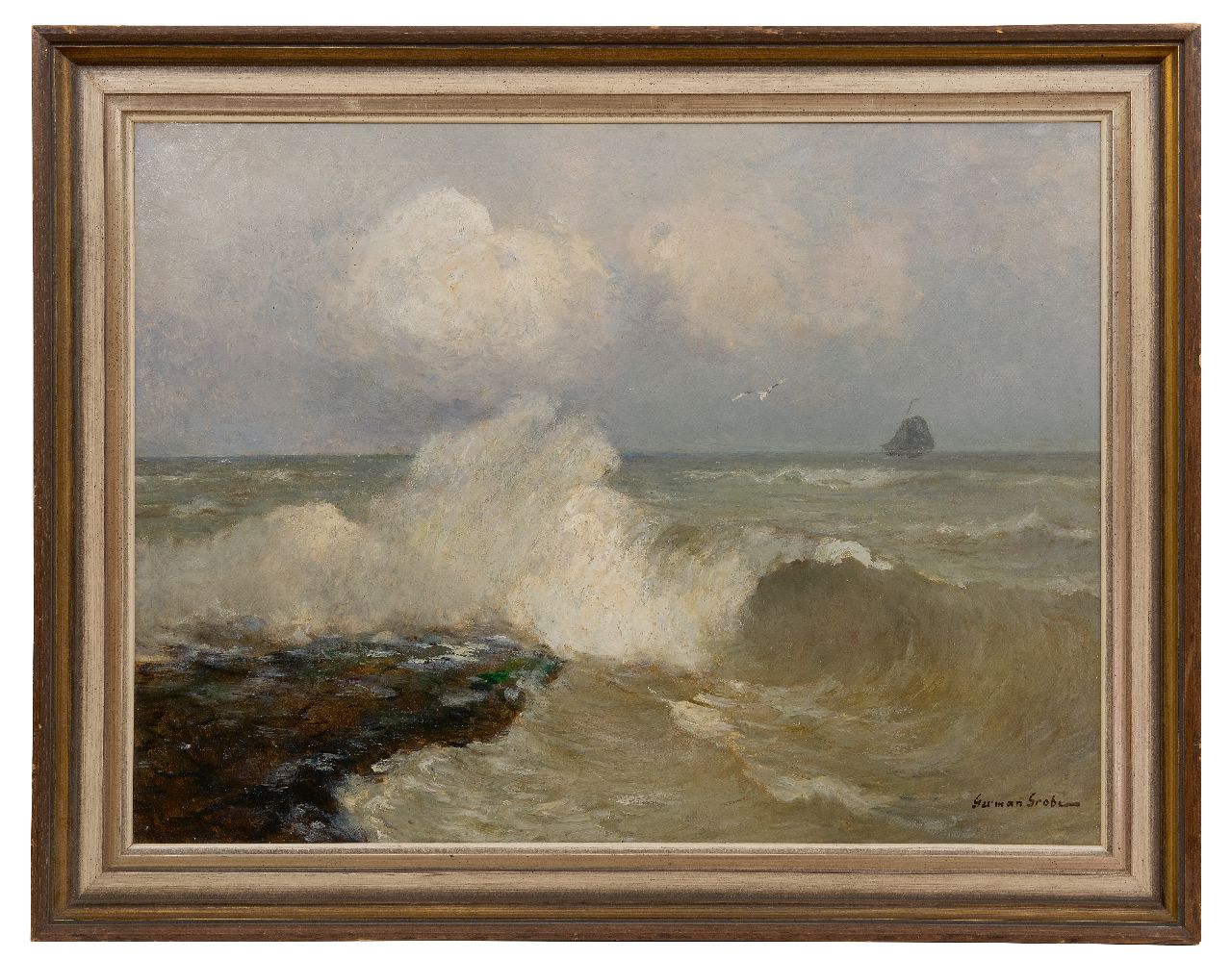 Grobe P.G.  | Philipp 'German' Grobe | Schilderijen te koop aangeboden | Opspattende golven aan de uitwatering bij Katwijk aan Zee, olieverf op doek 60,5 x 80,5 cm, gesigneerd linksonder