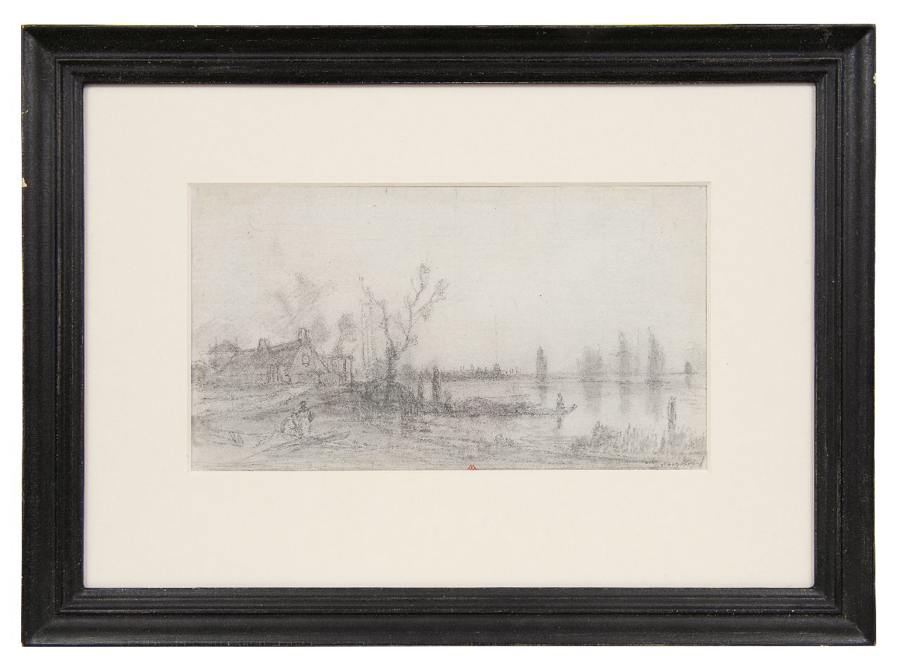 Jongkind J.B.  | Johan Barthold Jongkind | Aquarellen en tekeningen te koop aangeboden | Riviergezicht; verso: Dorpsgezicht, potlood op papier 17,5 x 30,5 cm, gesigneerd rechtsonder