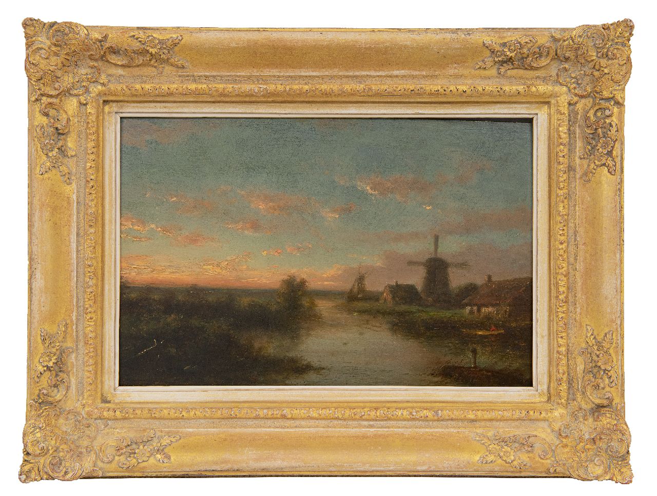 Kleijn L.J.  | Lodewijk Johannes Kleijn | Schilderijen te koop aangeboden | Rivierlandschap bij zonsondergang, olieverf op paneel 19,1 x 30,6 cm, gesigneerd rechtsonder