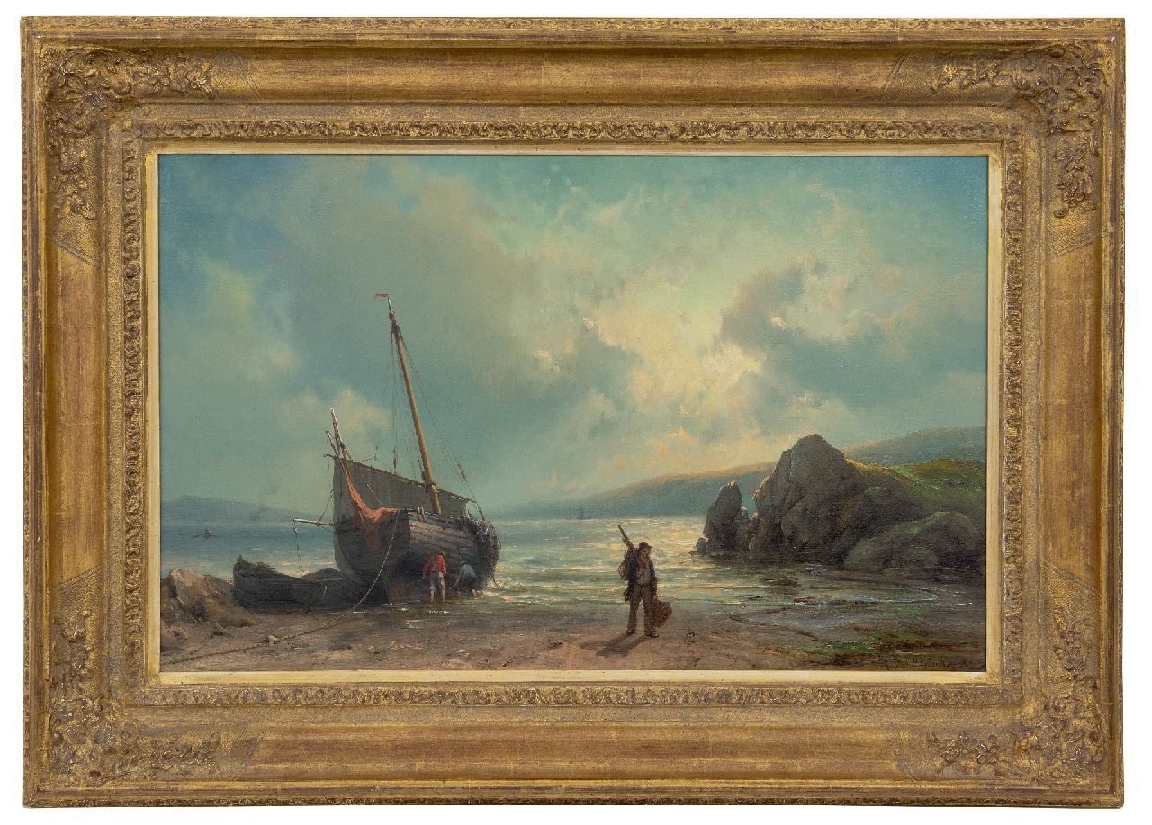 Koekkoek J.H.B.  | Johannes Hermanus Barend 'Jan H.B.' Koekkoek | Schilderijen te koop aangeboden | Visserswerk op het strand, olieverf op doek 42,0 x 67,5 cm, gesigneerd rechtsonder