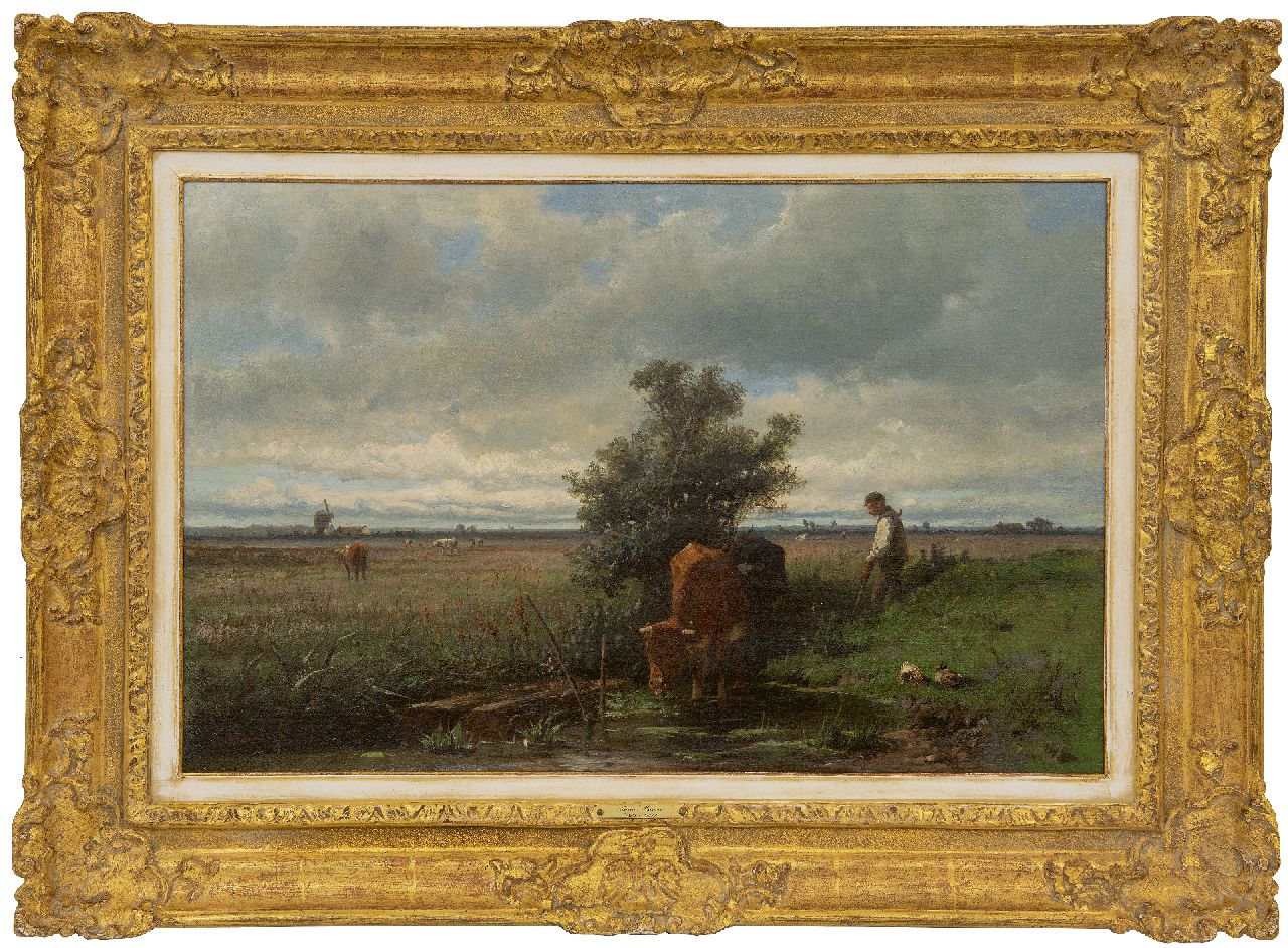 Mauve A.  | Anthonij 'Anton' Mauve | Schilderijen te koop aangeboden | Koeien en herder aan een poel, olieverf op doek 41,5 x 63,5 cm, gesigneerd linksonder en te dateren ca. 1870