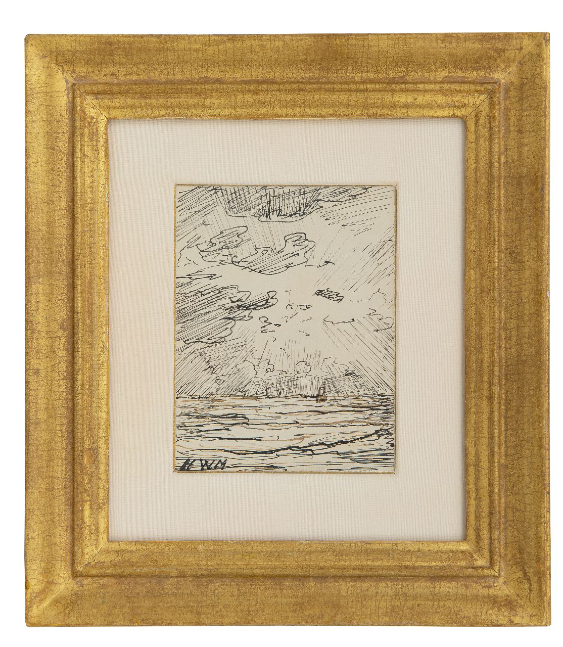 Mesdag H.W.  | Hendrik Willem Mesdag, Bomschuit op volle zee bij zonsondergang, pen en Oost-Indische inkt op papier 12,0 x 9,5 cm, gesigneerd linksonder met initialen