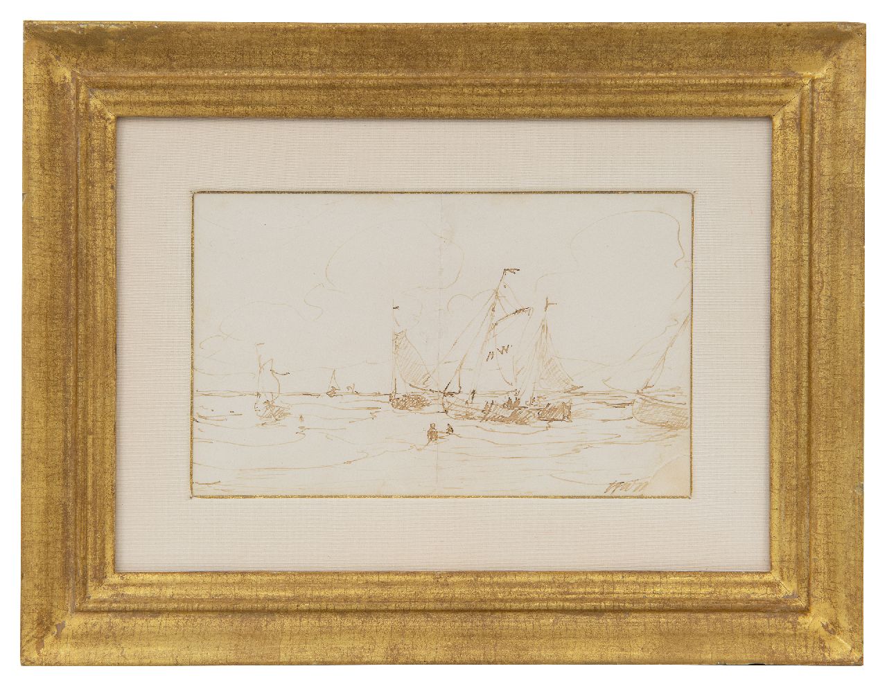 Mesdag H.W.  | Hendrik Willem Mesdag, Lijnhaalder en bomschuiten in de branding, pen en inkt op papier 11,5 x 18,0 cm, gesigneerd rechtsonder met initialen