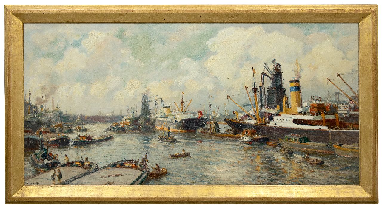 Moll E. | Evert Moll | Schilderijen te koop aangeboden | Gezicht op de Maashaven, Rotterdam, olieverf op doek 81,0 x 164,5 cm, gesigneerd linksonder Moll E. | Evert Moll | Schilderijen te koop aangeboden | Gezicht op de Maashaven, Rotterdam, olieverf op doek 81,0 x 164,5 cm, gesigneerd linksonder
