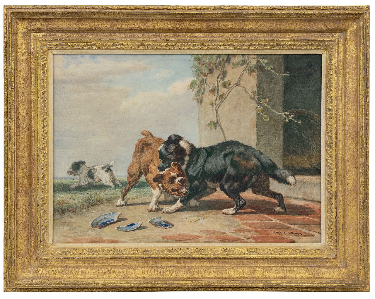 Ronner-Knip H.  | Henriette Ronner-Knip | Aquarellen en tekeningen te koop aangeboden | Als twee honden vechten om een been..., aquarel op papier 45,5 x 65,0 cm, gesigneerd rechtsonder