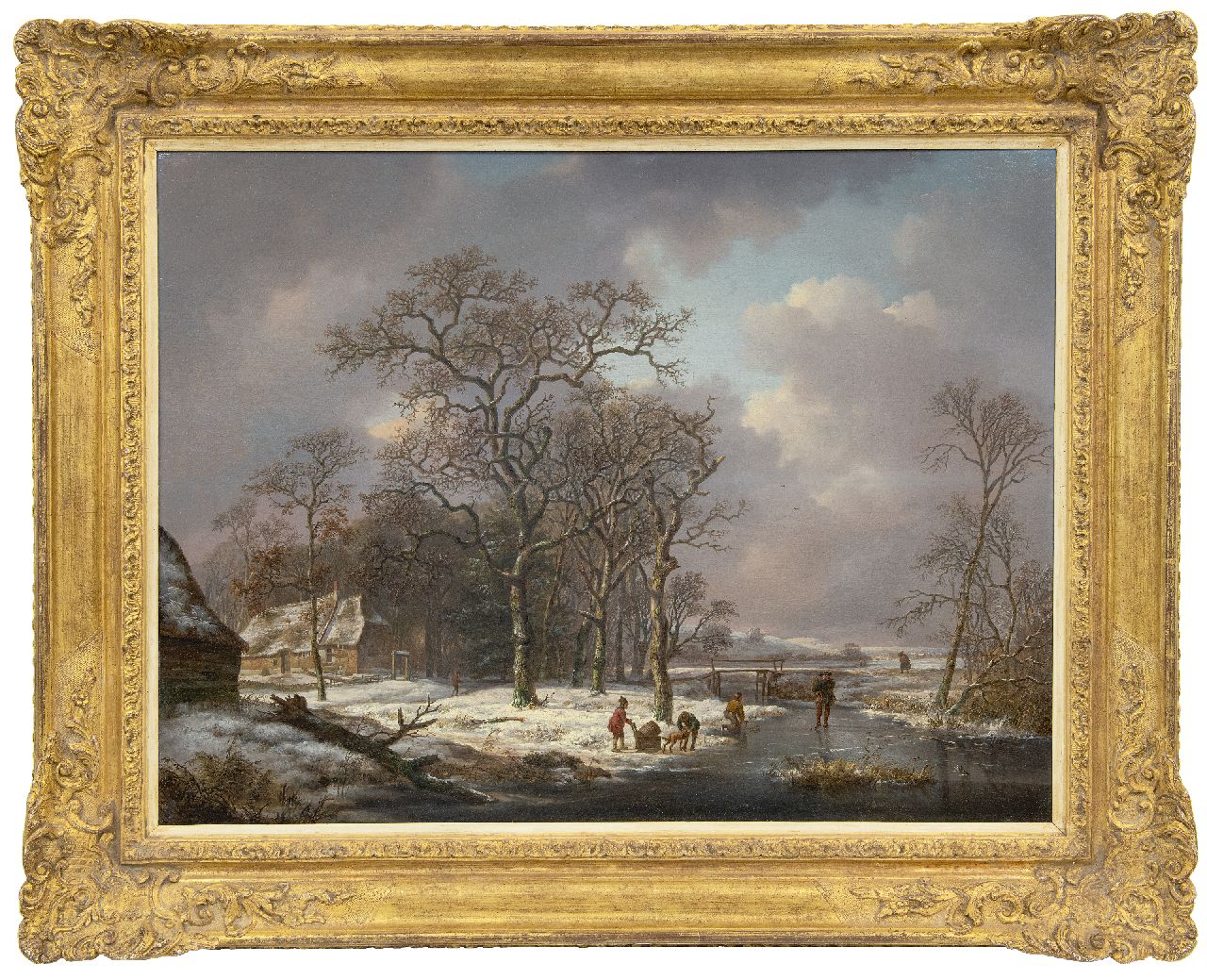 Schelfhout A.  | Andreas Schelfhout | Schilderijen te koop aangeboden | Sneeuwlandschap met figuren op een bevroren sloot, olieverf op paneel 53,2 x 71,0 cm, gesigneerd middenonder en te dateren ca. 1815-1820