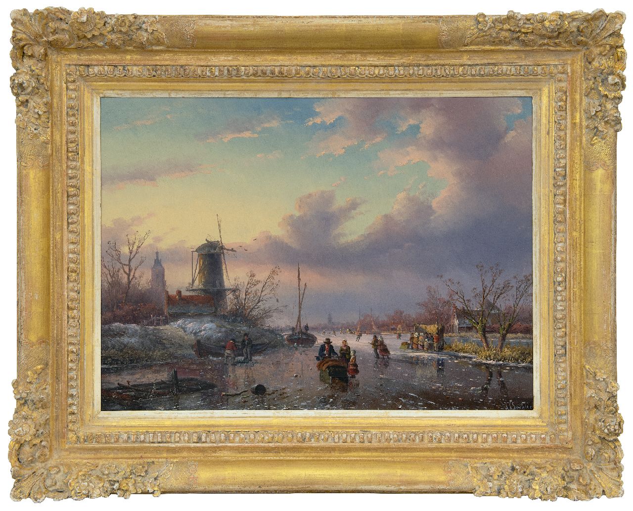 Spohler J.J.  | Jan Jacob Spohler | Schilderijen te koop aangeboden | Schaatsers en koek-en-zopietent op bevroren rivier, olieverf op paneel 43,0 x 59,0 cm, gesigneerd rechtsonder