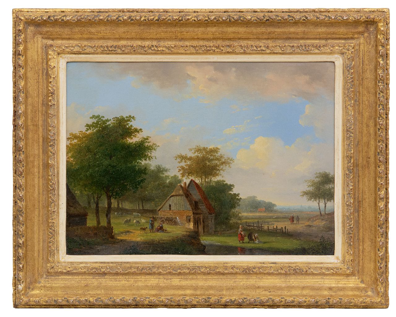 Stok J. van der | Jacobus van der Stok | Schilderijen te koop aangeboden | Idyllisch landschap met een watermolen en landvolk, olieverf op paneel 26,0 x 35,4 cm, gesigneerd linksonder