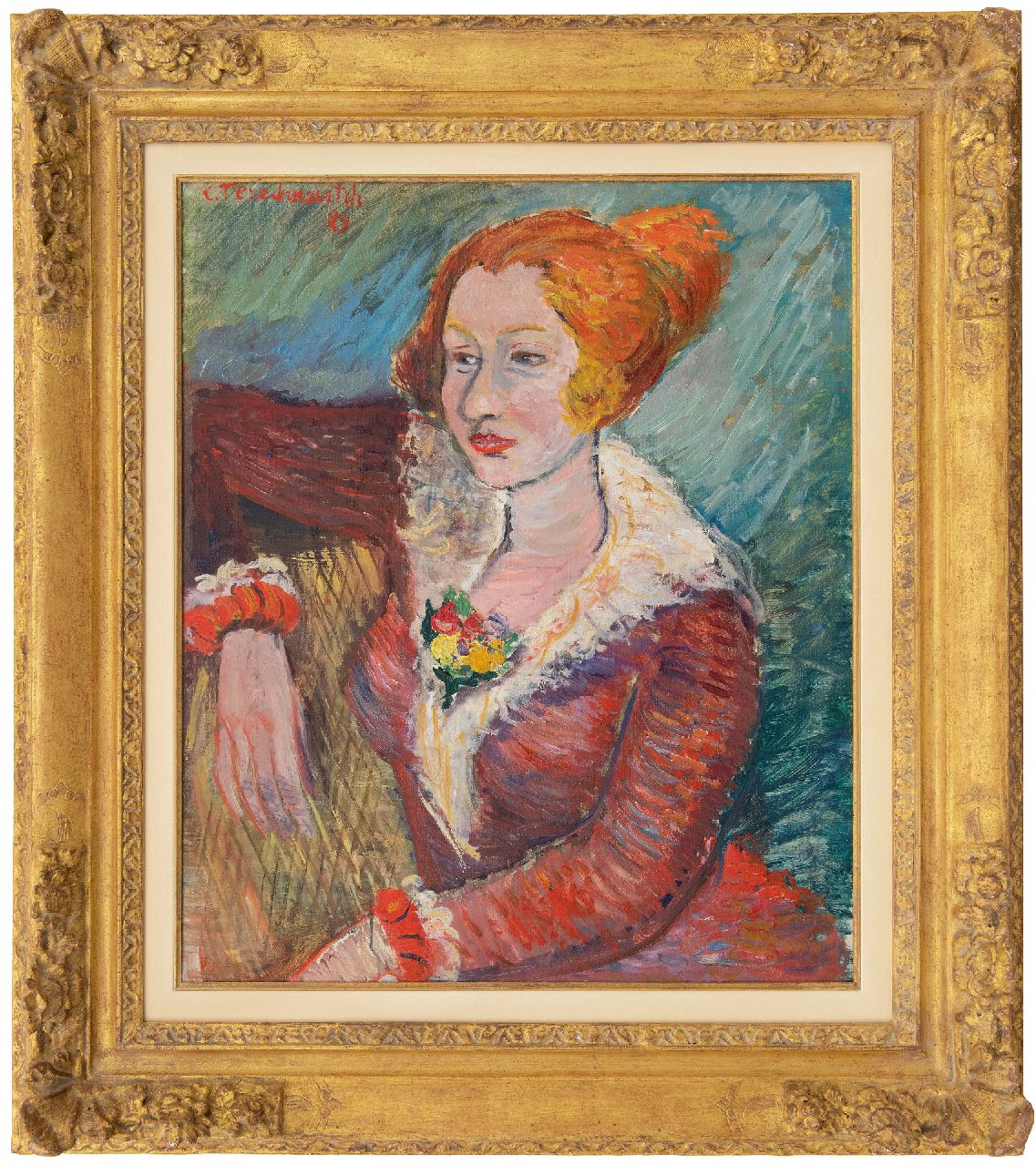 Terechkovitch K.A.  | 'Kostia' Andreevich Terechkovitch | Schilderijen te koop aangeboden | Jonge vrouw in rode jurk, olieverf op doek 60,5 x 50,2 cm, gesigneerd linksboven en gedateerd '29