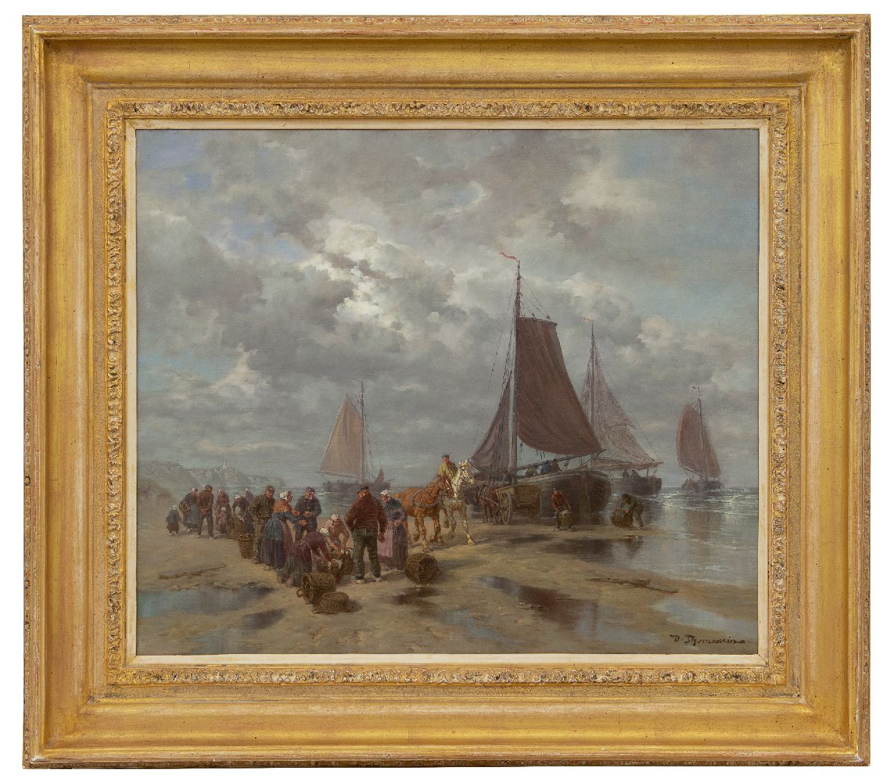 Thomassin D.  | Désiré Thomassin | Schilderijen te koop aangeboden | Visverkoop op het strand, olieverf op doek 50,5 x 60,5 cm, gesigneerd rechtsonder