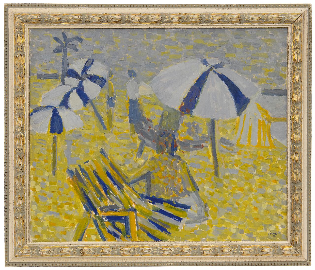 Véron V.  | Véronique Véron | Schilderijen te koop aangeboden | Parasols op het strand, olieverf op doek 54,0 x 65,0 cm, gesigneerd rechtsonder en gedateerd '51