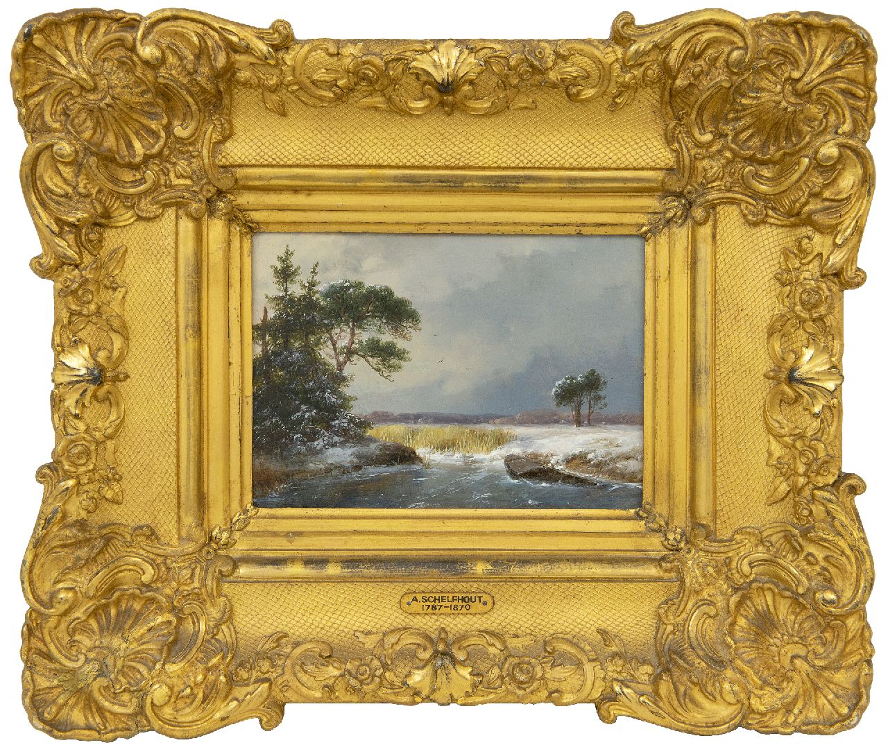 Schelfhout A.  | Andreas Schelfhout | Schilderijen te koop aangeboden | Besneeuwd winterlandschap, olieverf op paneel 13,7 x 19,5 cm, gesigneerd linksonder en gedateerd 1857