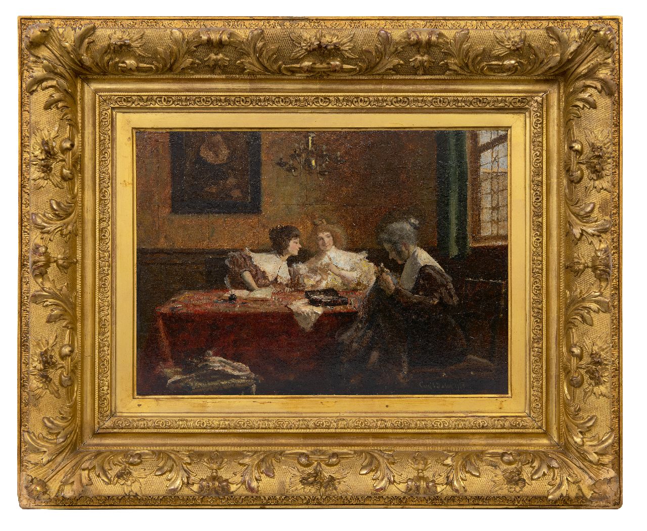 Dake C.L. | Carel Lodewijk Dake | Schilderijen te koop aangeboden | Drie vrouwen in een interieur, olieverf op paneel 34,9 x 49,1 cm, gesigneerd rechtsonder en gedateerd 1908 Dake C.L. | Carel Lodewijk Dake | Schilderijen te koop aangeboden | Drie vrouwen in een interieur, olieverf op paneel 34,9 x 49,1 cm, gesigneerd rechtsonder en gedateerd 1908