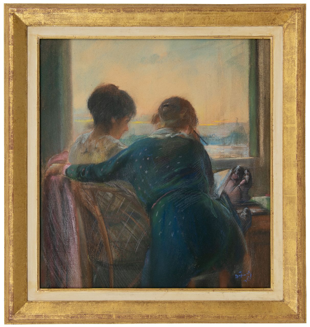 Dijkwel M.  | Mattheus 'Theo' Dijkwel, Twee vrouwen bij het venster, pastel op papier 55,0 x 50,7 cm, gesigneerd rechtsonder en gedateerd 1915