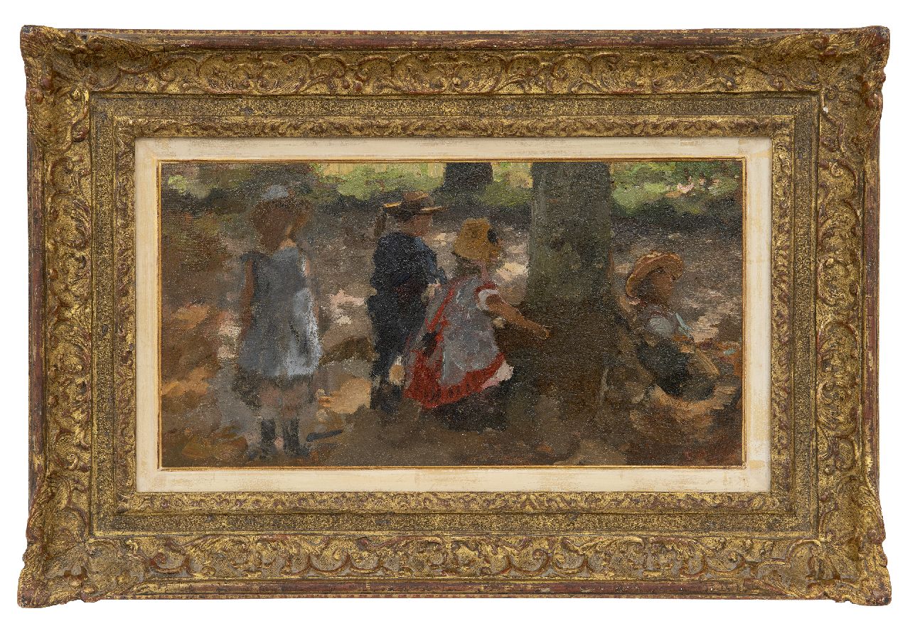 Tholen W.B.  | Willem Bastiaan Tholen, Spelende kinderen in de Scheveningse Bosjes, olieverf op doek op paneel 23,6 x 43,5 cm, gesigneerd rechtsonder