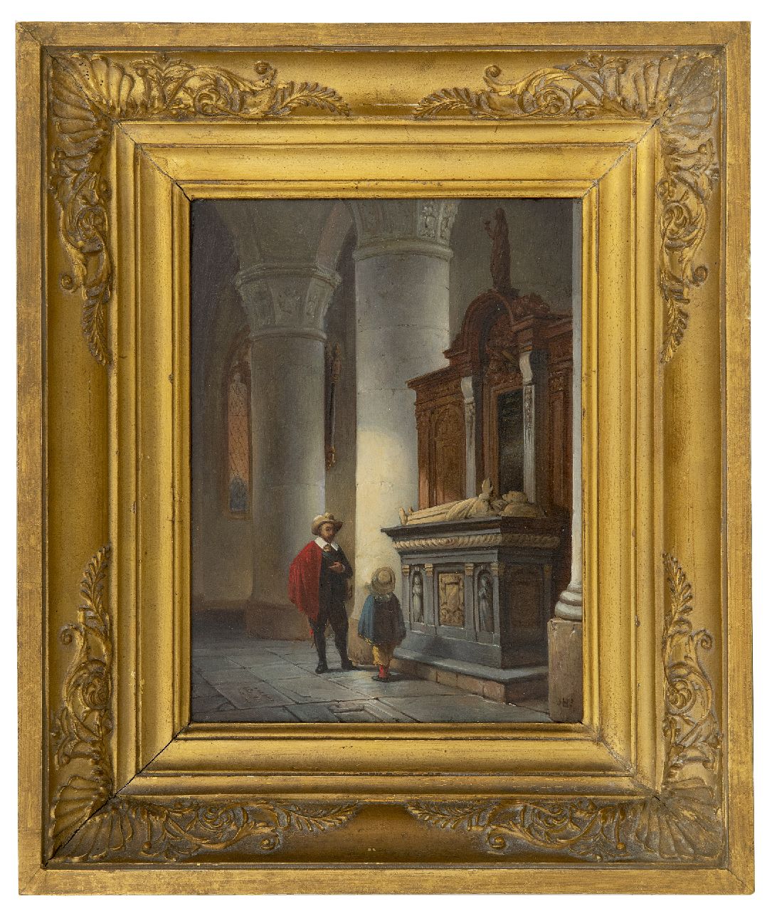Haanen G.G.  | George Gillis Haanen | Schilderijen te koop aangeboden | Vader en zoon in een kerkinterieur, olieverf op paneel 21,7 x 16,6 cm, gesigneerd rechtsonder met initialen