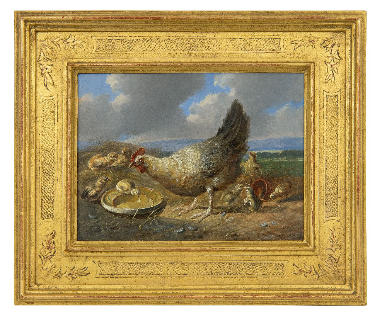 Verhoesen A.  | Albertus Verhoesen | Schilderijen te koop aangeboden | Hen met kuikens in weids landschap (tezamen met pendant), olieverf op paneel 14,5 x 19,3 cm, gesigneerd linksonder en gedateerd 1880