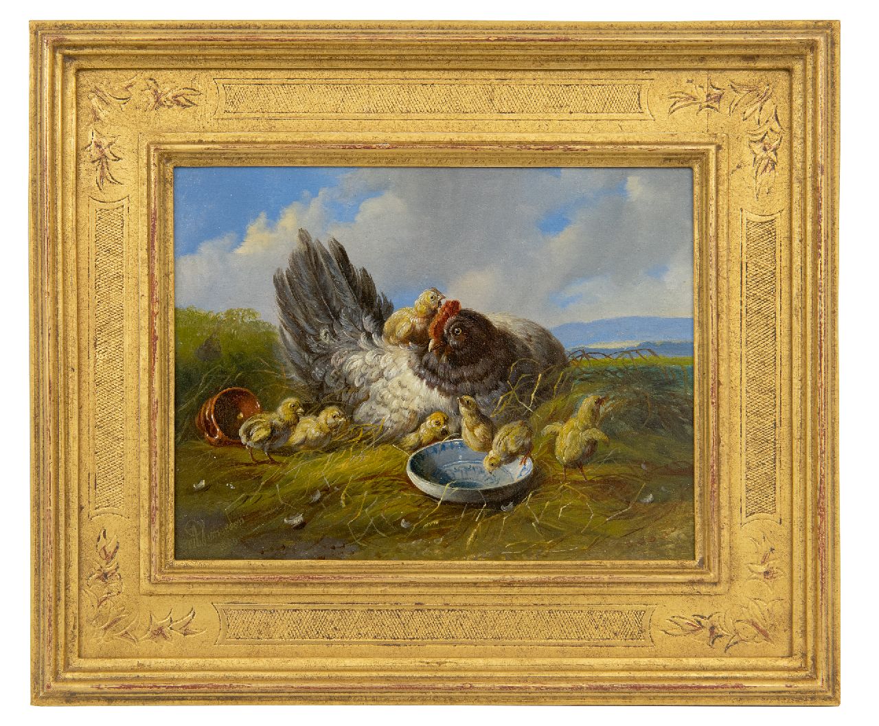 Verhoesen A.  | Albertus Verhoesen | Schilderijen te koop aangeboden | Hen met kuikens in een landschap (tezamen met pendant), olieverf op paneel 14,7 x 19,2 cm, gesigneerd linksonder en gedateerd 1880