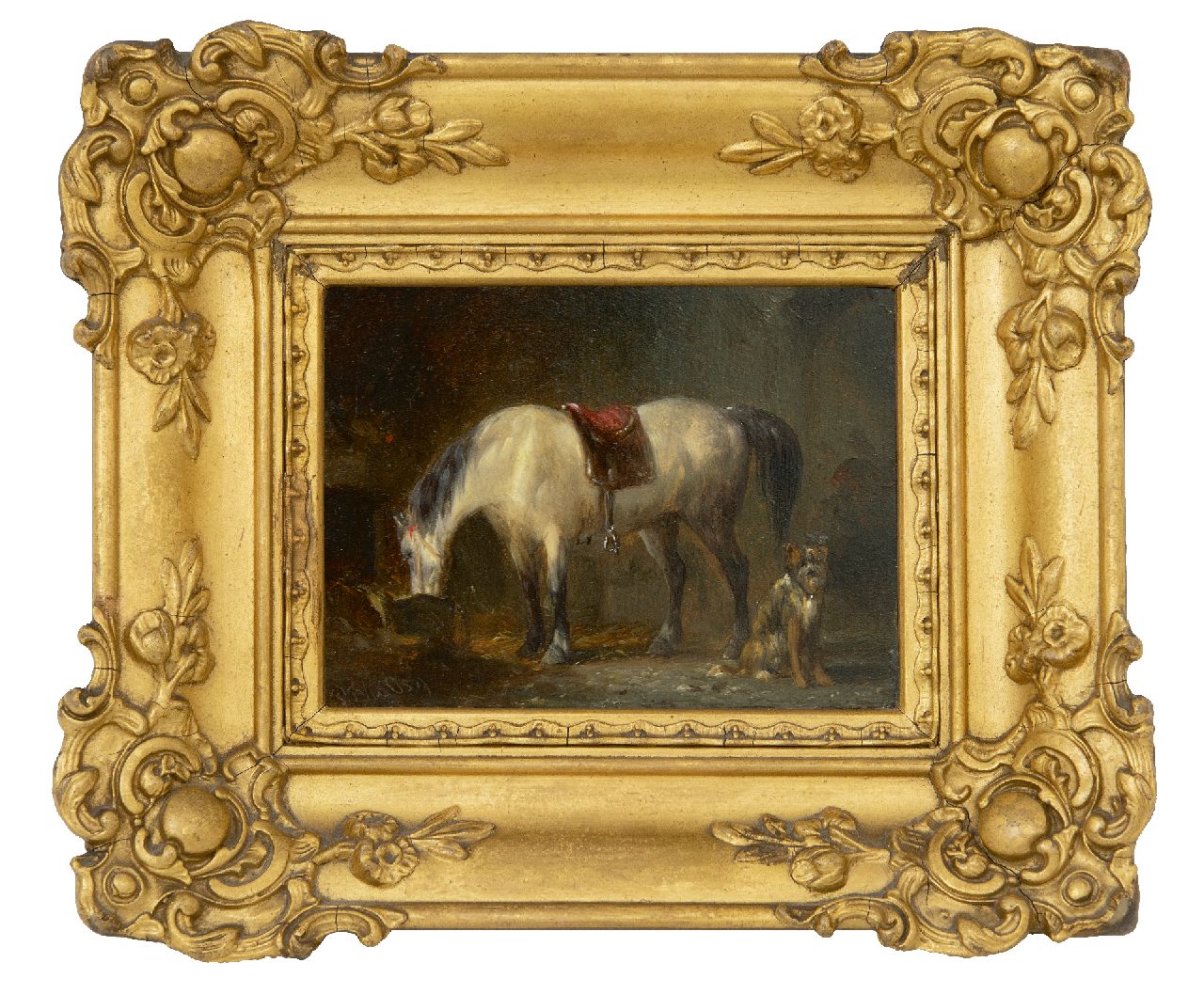 Os P.F. van | Pieter Frederik van Os | Schilderijen te koop aangeboden | In de stal, olieverf op paneel 9,1 x 12,2 cm, gesigneerd linksonder