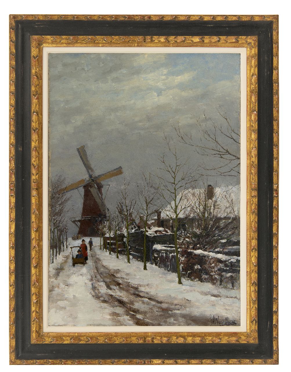 Wijsmuller J.H.  | Jan Hillebrand Wijsmuller | Schilderijen te koop aangeboden | Kinderen in de sneeuw bij een molen, olieverf op doek 57,3 x 41,0 cm, gesigneerd rechtsonder