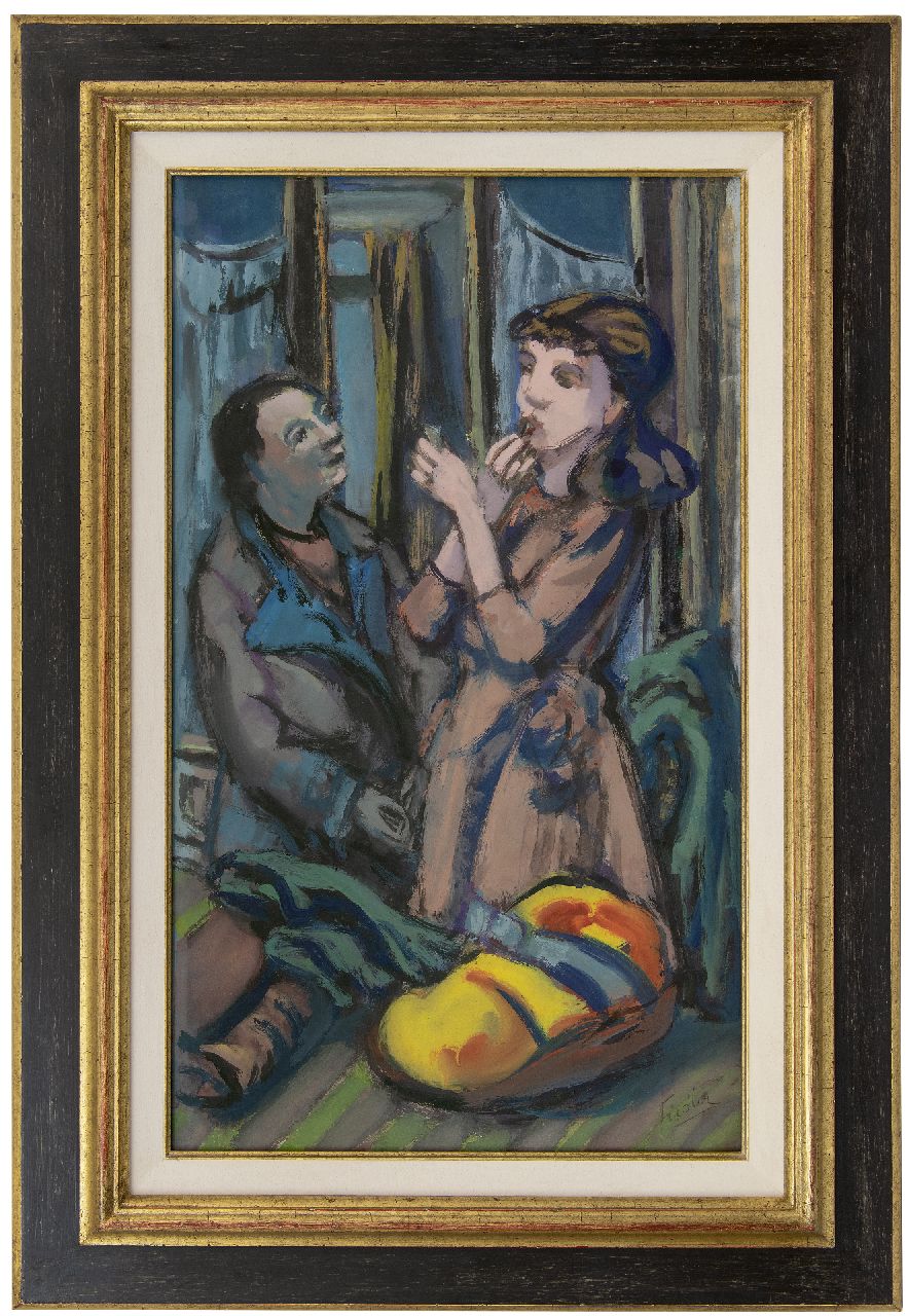 Fiedler O.H.  | Otto 'Herbert' Fiedler | Aquarellen en tekeningen te koop aangeboden | Man en vrouw in een café, gouache op papier op board 64,8 x 39,7 cm, gesigneerd rechtsonder