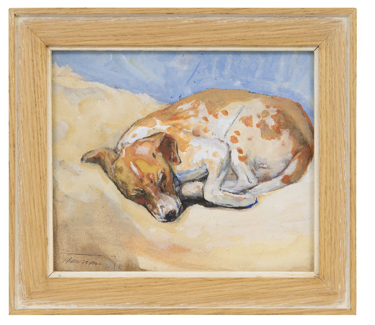 Haverman H.J.  | Hendrik Johannes Haverman | Aquarellen en tekeningen te koop aangeboden | Slapend hondje, aquarel en gouache op papier 15,7 x 18,4 cm, gesigneerd linksonder met atelierstempel