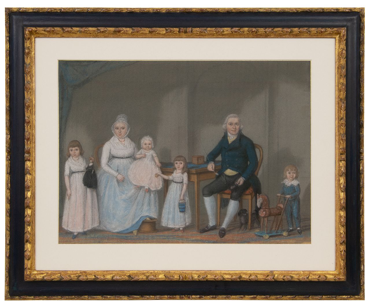 Jelgerhuis R. | Rienk Jelgerhuis, Familieportret (mogelijk Patriotten), pastel op papier 42,0 x 57,1 cm, gesigneerd linksonder en gedateerd 5/11 1798 Jelgerhuis R. | Rienk Jelgerhuis, Familieportret (mogelijk Patriotten), pastel op papier 42,0 x 57,1 cm, gesigneerd linksonder en gedateerd 5/11 1798